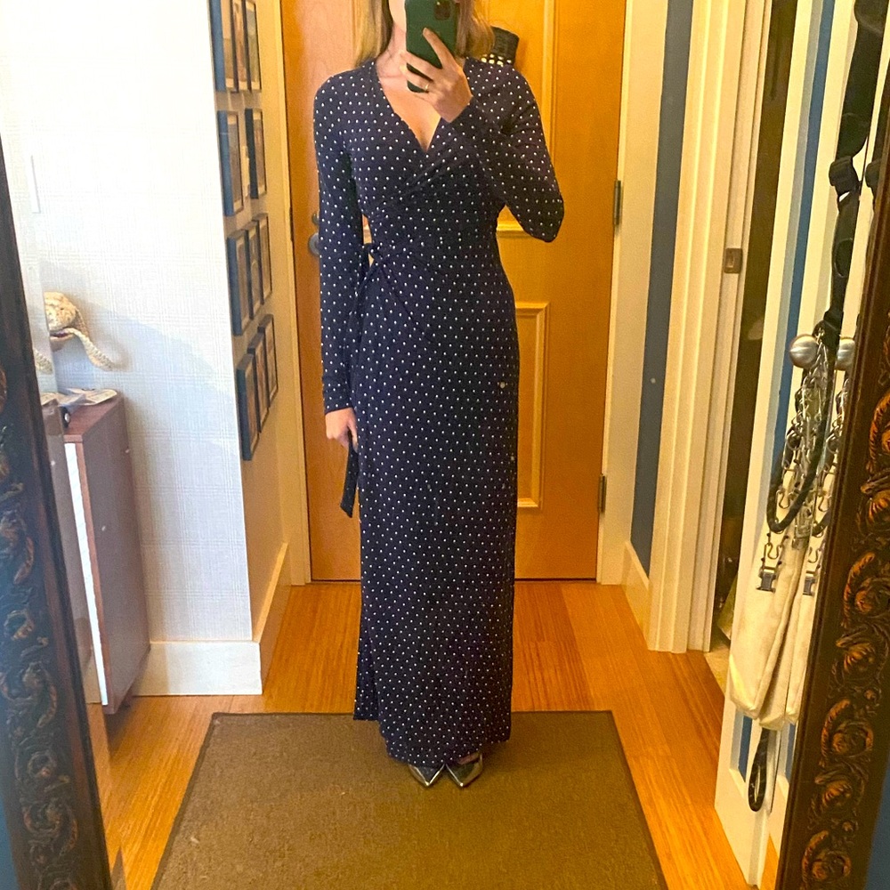 Diane Von Furstenberg Maxi Wrap Timeless Dress in Navy Blue PolkaDot Size 0 $748